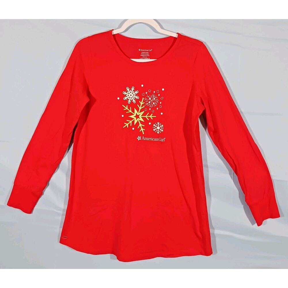 American Girl Sleep Shirt Girls Large 14/16 Red Long Sleeve Snowflake 100%Cotton